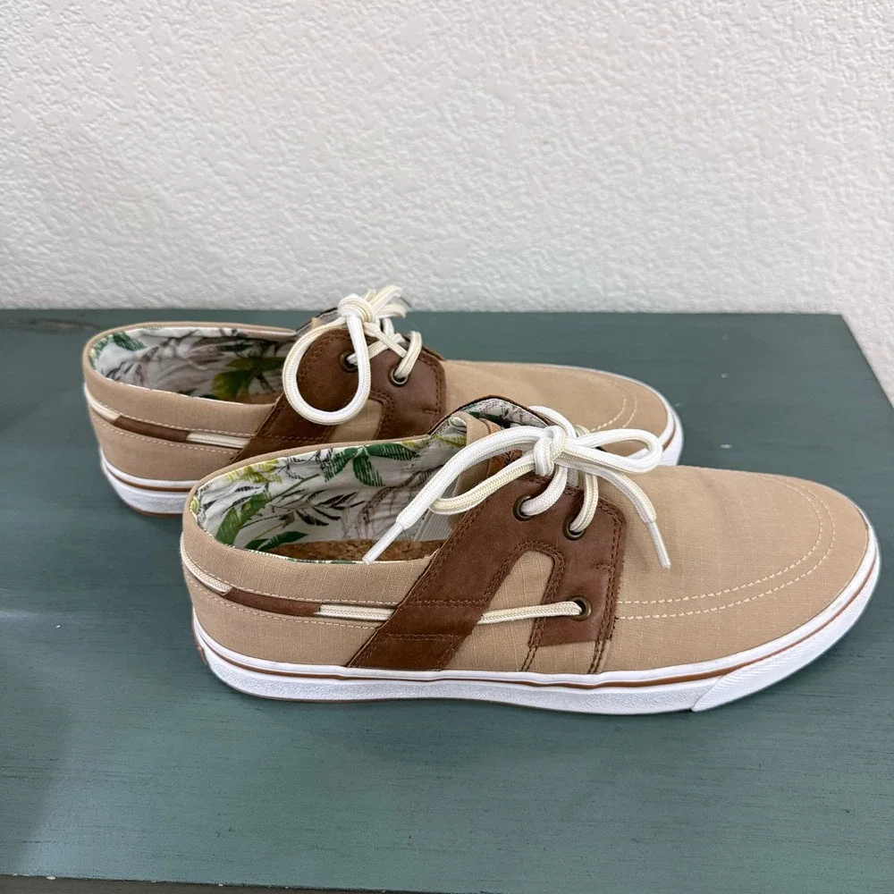 Tommy Bahama Mens Tan Canvas Brown Leather Boat Shoes Lace Up Casual Size‎ 8.5 D